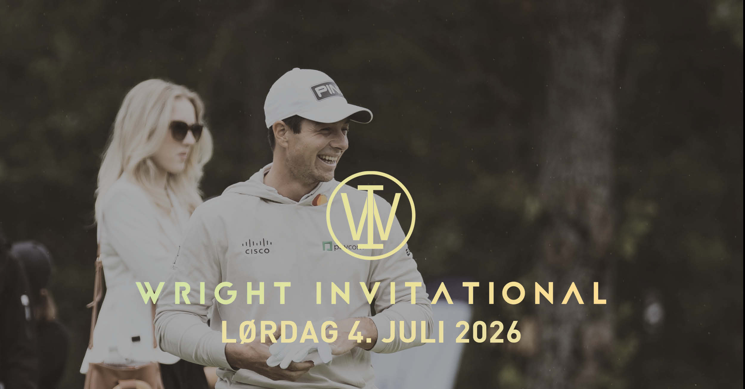Smiling man in a light hoodie and white cap walking outdoors, with a woman in sunglasses in the background and a banner reading 'WRIGHT INVITATIONAL' overlaid across the image.