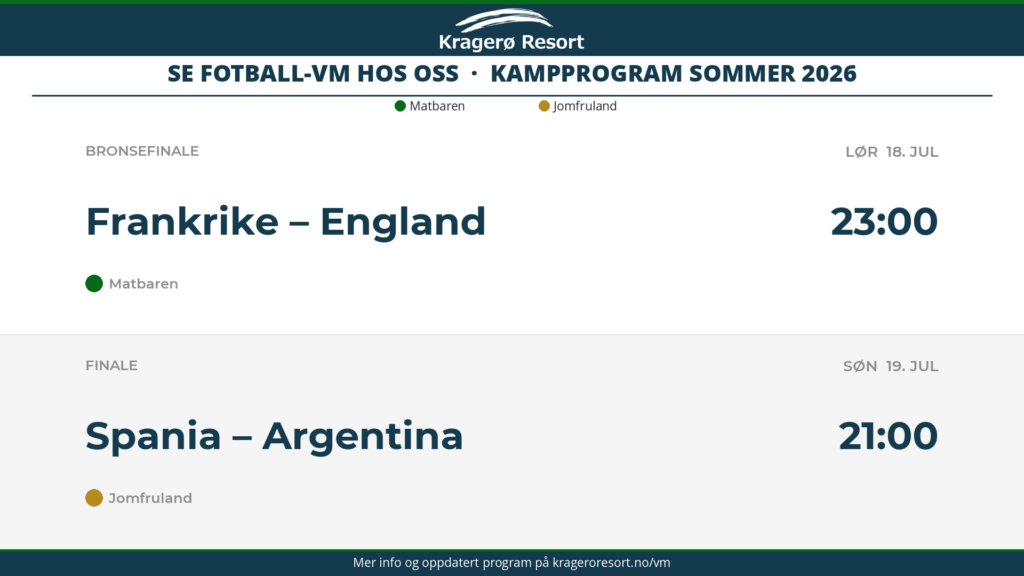 Kragerø Resort football VM schedule page showing France vs England at 23:00 with a Matbaren marker.