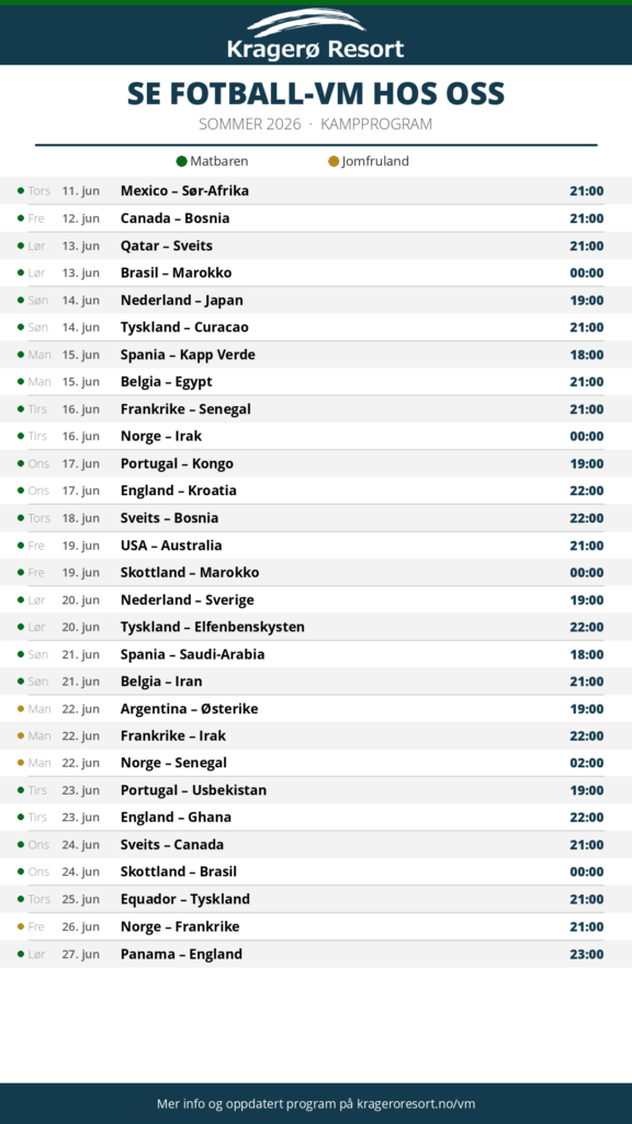kampprogram-fotball-vm-916 (3) Kragerø Resort WC schedule: list of matches with dates, teams, and start times.